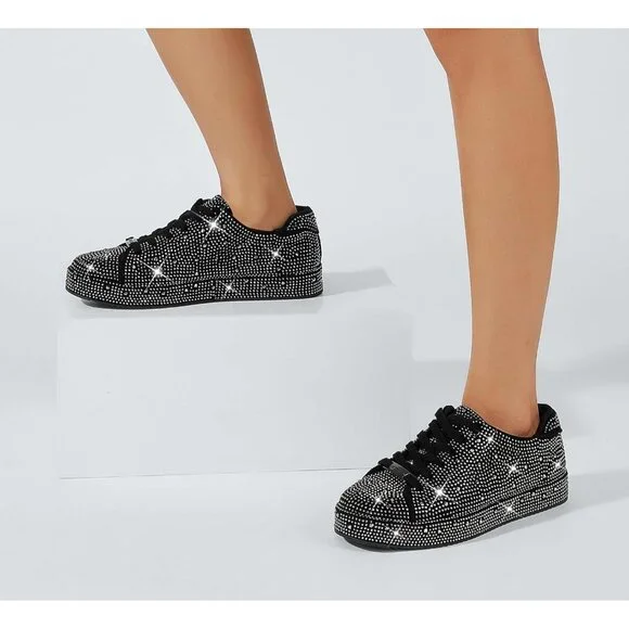 Women's Black Pewter Rhinestone Fashion Glitter Sneakers Sparkly Shiny Shoes - Picture 9 of 9